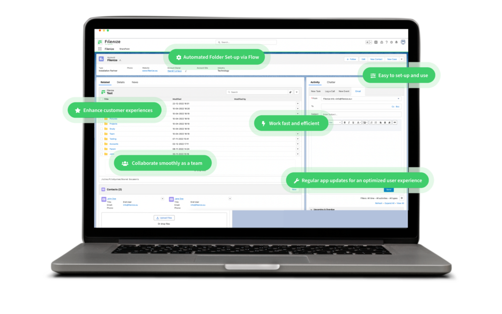 A screen showing the key features of Filenize, a salesforce intergration